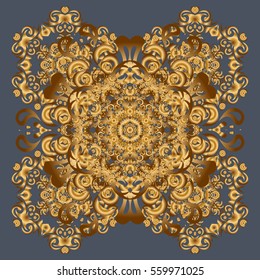 For invitation card, scrapbook, banner, postcard, tattoo, yoga, boho, magic, carpet, tile or lace. Decorative vector ornate gold mandala icon isolated for card, golden Mandala on a gray background.