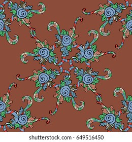 For invitation card, scrapbook, banner, postcard, tattoo, yoga, boho, magic, carpet, tile or lace. Decorative vector ornate colored mandala icon for card, colored Mandala on a brown background