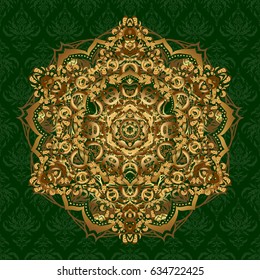 Invitation Card, Scrapbooking. Christmas Card Mandala Design. Islam, Arabic, Indian, Turkish, Pakistan. Decorative Indian Round Mandala on green background. Vintage Gold Pattern. Gold Over green.
