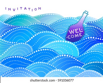 invitation card with sea waves and purple bottle - vector illustration