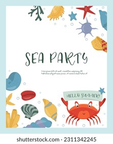 invitation card for a seaside party. holiday invitation. cartoon style. seashells, seaweed, crab. vector illustration