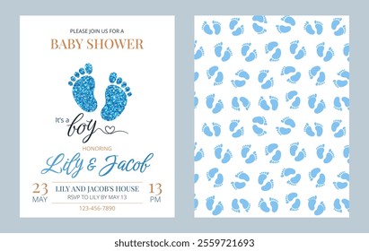 Invitation card set for a baby shower, birthday, or gender reveal party. It's a Boy. Isolated vertical postcard templates with footprints, glitter, text and pattern. Vector illustrations.