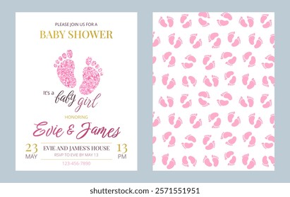 Invitation card set for a baby shower, birthday, or gender reveal party. It's a Girl. Isolated vertical postcard templates with footprints, pink glitter, text and pattern. Vector illustrations.