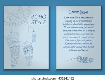 Invitation card set in boho style with tribal feathers, beads and dreamcatcher. Vector set.