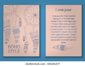 Invitation card set in boho style with tribal feathers, beads and dreamcatcher. Vector set.