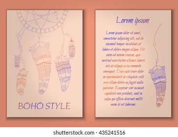 Invitation card set in boho style with tribal feathers, beads and dreamcatcher. Vector set.