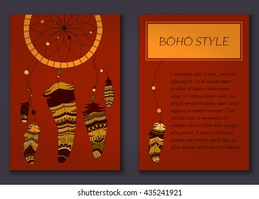Invitation card set in boho style with tribal feathers, beads and dreamcatcher. Vector set.