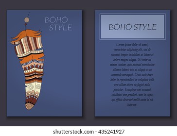 Invitation card set in boho style with tribal feathers, beads and dreamcatcher. Vector set.