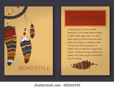 Invitation card set in boho style with tribal feathers, beads and dreamcatcher. Vector set.