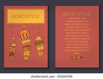 Invitation card set in boho style with tribal feathers, beads and dreamcatcher. Vector set.
