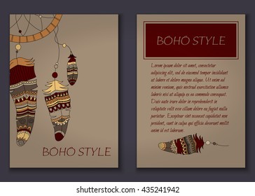 Invitation card set in boho style with tribal feathers, beads and dreamcatcher. Vector set.