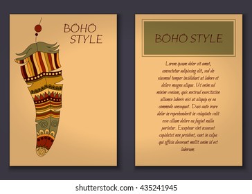 Invitation card set in boho style with tribal feathers, beads and dreamcatcher. Vector set.
