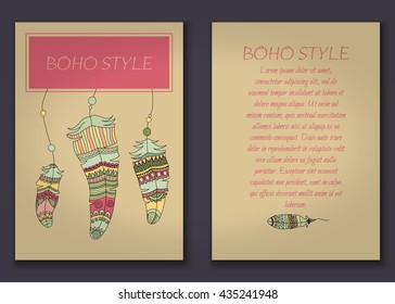 Invitation card set in boho style with tribal feathers, beads and dreamcatcher. Vector set.