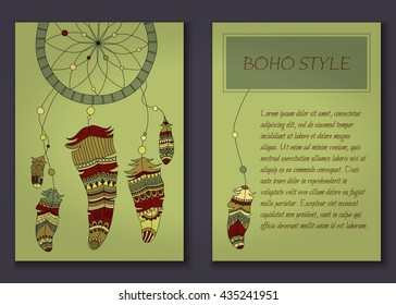 Invitation card set in boho style with tribal feathers, beads and dreamcatcher. Vector set.