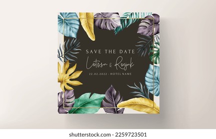 invitation card set with colorful tropical leaves