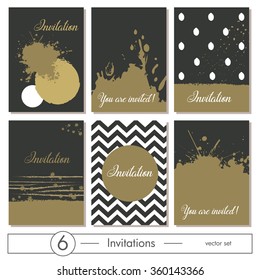 Invitation Card set design in gold, white & black. Save the Date, Thank You or Greeting card template for Special Occasions, life events & announcements. Sample text. Layered, editable design.