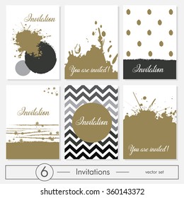 Invitation Card set design in gold, white & black. Save the Date, Thank You or Greeting card template for Special Occasions, life events & announcements. Sample text. Layered, editable design.