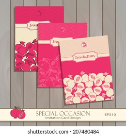 Invitation Card set design template. Greeting floral card for Special Occasions & Life events. Pomegranate pattern is masked. Vector. Editable. Use for invitations, congratulations, announcements.