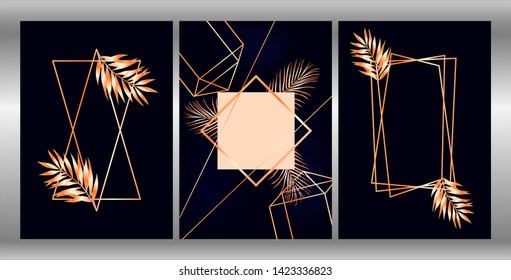 Invitation card set. Golden frames with palm leaves and flowers on navy blue backgrond. Tropical exotical vector background.