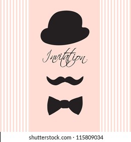 Invitation Card With  Silhouette Of Bowler Hat, Mustaches,  And A Bow Tie/Vintage Illustration For Your Design