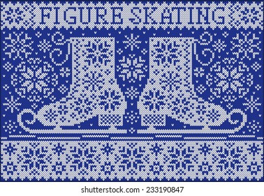 Invitation card with skates. Knitted northern style. New Year and  Christmas background with snowflakes and skates. Creative vector illustration.