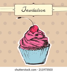 Invitation or card with sketch style cupcake and polka dot background