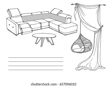 Invitation card sketch with vector interior with fashionable furniture, light hanging chair and modern sofa in black lines on a white background, Place for signature