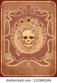 Invitation card with skull and flowers in art nouveau style, vector illustration