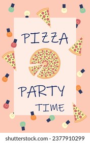 Invitation card, for a sleepover, with pizza in the company of friends. Lots of colored lights and pizza slices, a big pizza in the center.