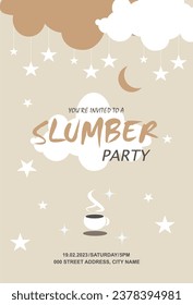 Invitation card to slumber party, night starry sky in clouds, moon. Cup of hot tea.