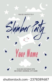 Invitation card to slumber party, starry sky in clouds and moon. Pillow with a smile, lights.