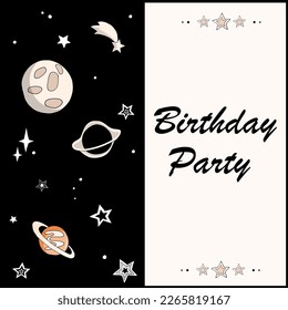 Invitation card with space elements planets, black hole, stars and copy space. Cartoon vector illustration for card, book cover, print.