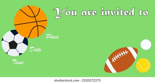Invitation card with sports balls on a green background. Copy space. Vector illustration.