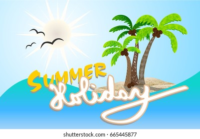 Invitation card for summer holidays. Palm trees with coconut in the daylight. Palm trees on the island. Quilling. Abstract.