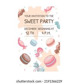 Invitation card with sweets. Ice cream, macaroons, birthday cupcakes vector illustration with text, time, date. Celebration and dessert concept for flyer and announcement poster design