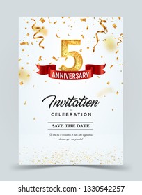 Invitation card template of 5 years anniversary with abstract text vector illustration. Greeting card template