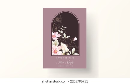 invitation card template with beautiful pink flower and golden floral