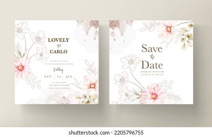 plantilla de tarjeta de invitación con hermosa flor rosa y floral dorada