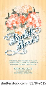 Invitation card template with blooming hydrangea and text group Bridal Shower over them. Orange colored composition. Vector illustration.