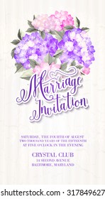Invitation card template with blooming hydrangea and text group Marriage Invitation over them. Blue flowers on the gray background. Vector illustration.