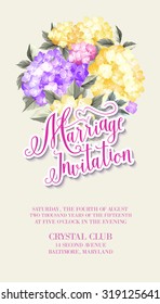 Invitation card template with blooming hydrangea and text group Marriage Invitation over them. Blue and yellow flowers on the white background. Vector illustration.