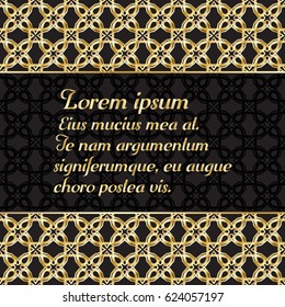Invitation card template with a border of gold patterns.