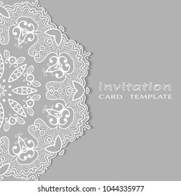 Invitation or Card template with border pattern, mandala frame element. Decorative openwork filigree art, lace background for Wedding, Valentine's day greeting cards, Birthday Invitations