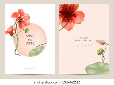 Invitation card template in the botanical style. Nasturtium flowers on a pink background. Background for the invitation, shop, beauty salon, spa. 