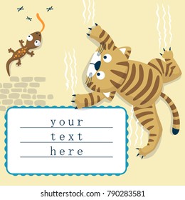 Invitation card template of a cat climbing wall, lizard hunting mosquitoes. Vector cartoon illustration