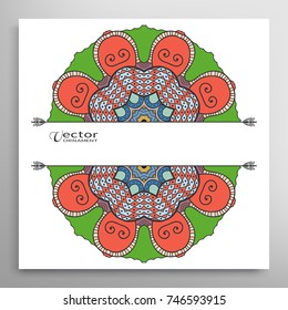 Invitation or Card template with colorful mandala border, frame element. Hand drawn decorative art background for Wedding, Valentine's day greeting cards, Birthday Invitations