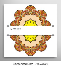 Invitation or Card template with colorful mandala border, frame element. Hand drawn decorative art background for Wedding, Valentine's day greeting cards, Birthday Invitations