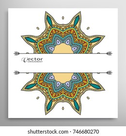 Invitation or Card template with colorful mandala border, frame element. Hand drawn decorative art background for Wedding, Valentine's day greeting cards, Birthday Invitations