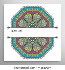 Invitation or Card template with colorful mandala border, frame element. Hand drawn decorative art background for Wedding, Valentine's day greeting cards, Birthday Invitations