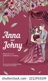 Plantilla de tarjeta de invitación con concepto de boda elegante y acogedor, estilo acuarela
